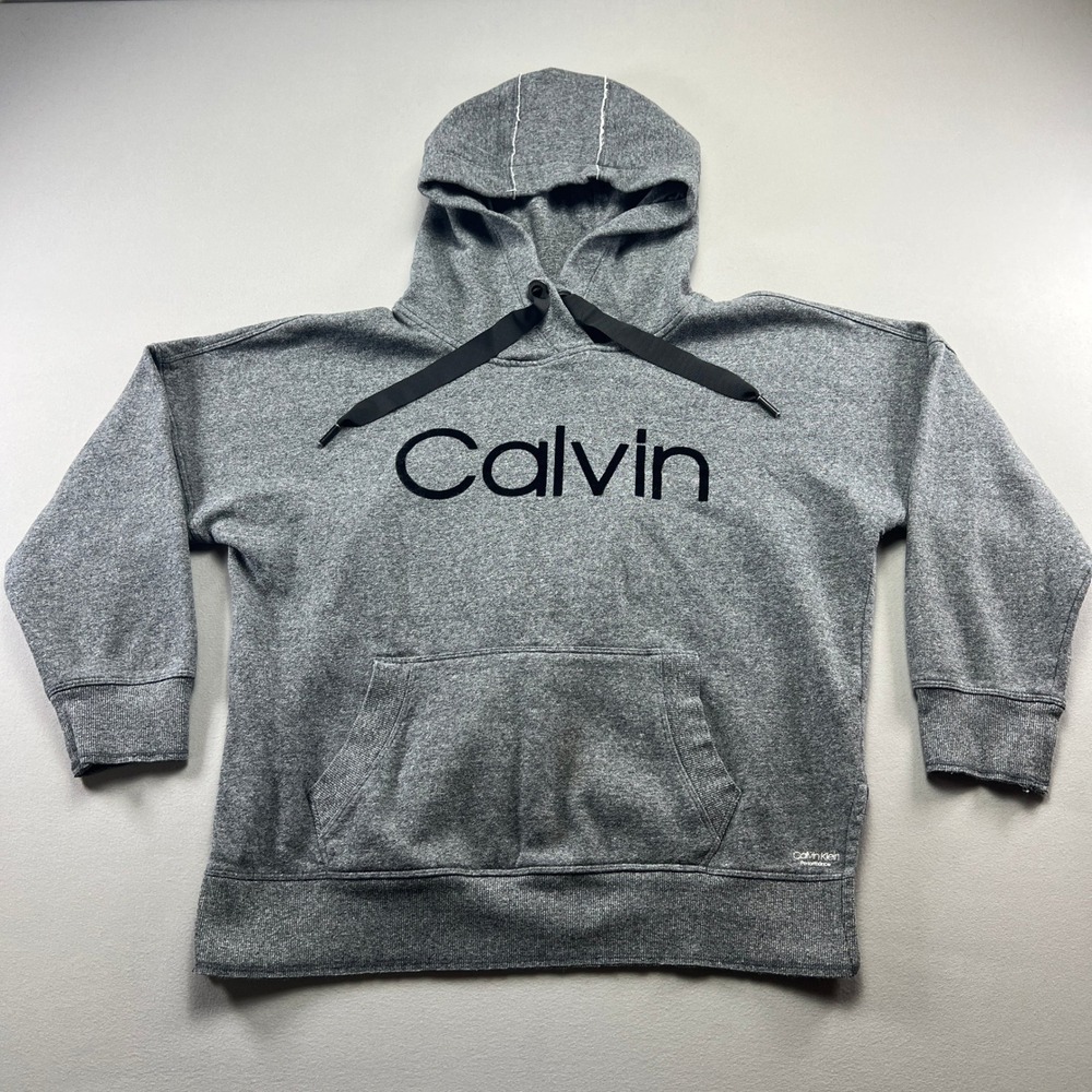Calvin Klein Performance Hoodie Men L Heather Gray Cotton Fleece Lined Side Slit